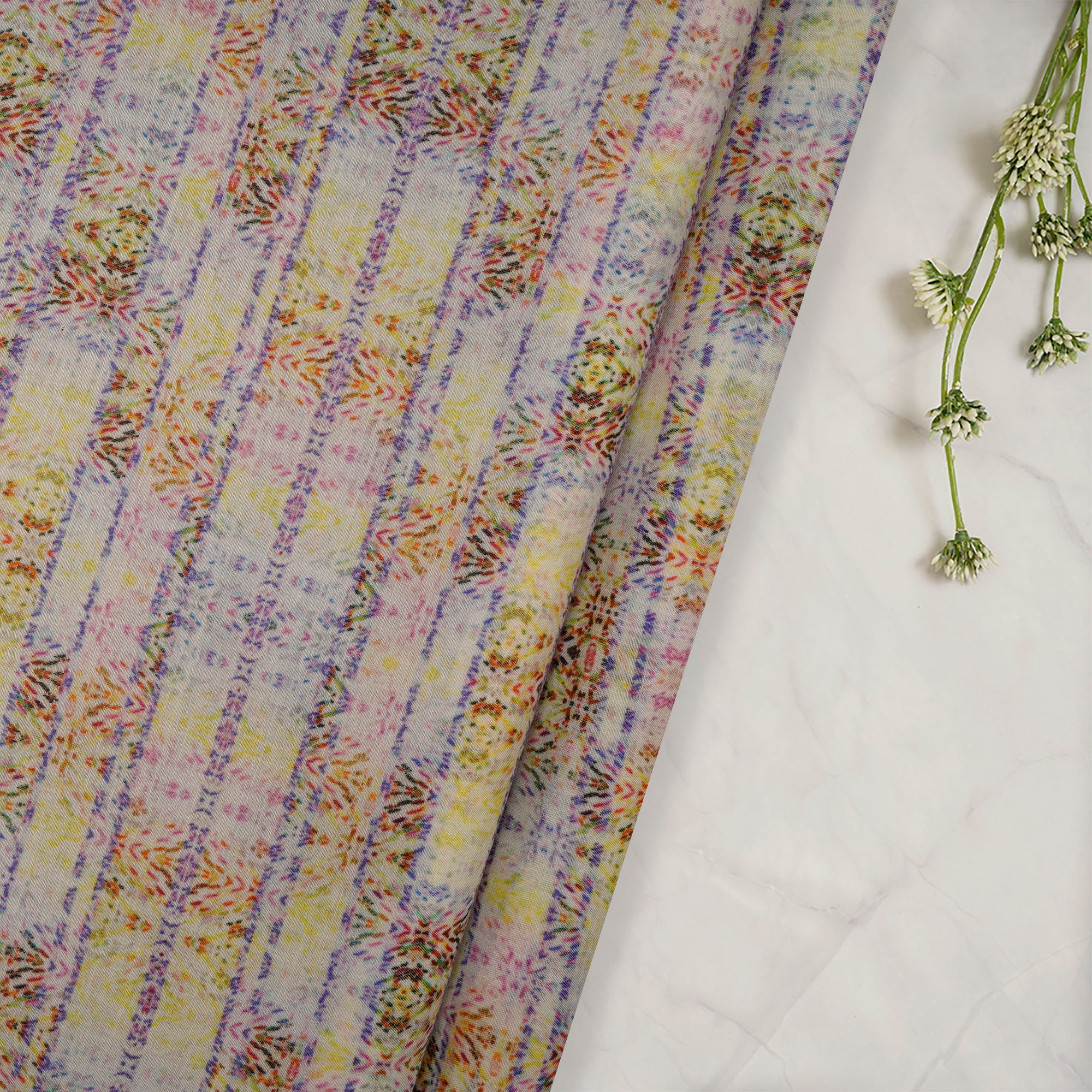 Multi Color Digital Printed Tussar Chanderi Fabric