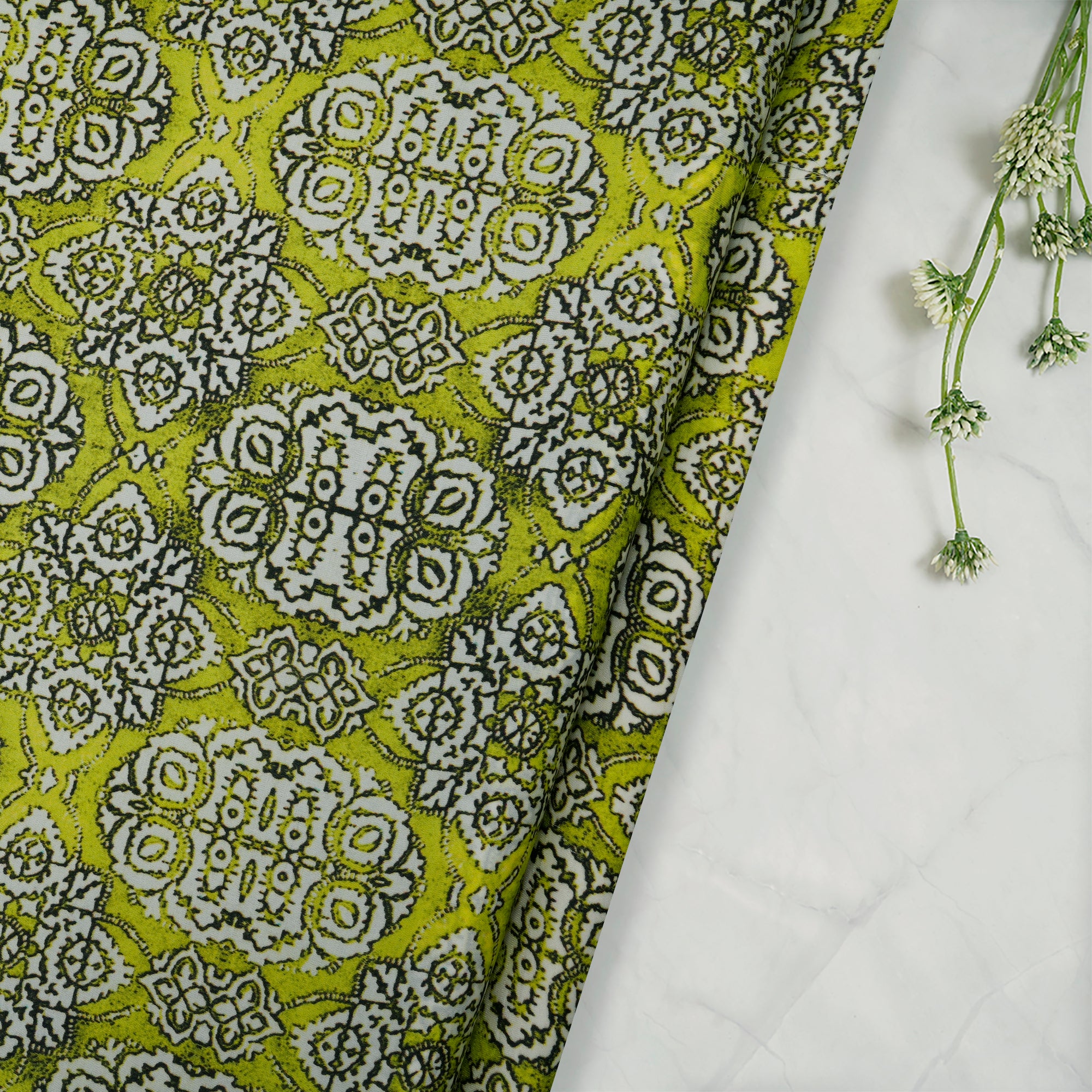 Lime Green Color Digital Printed Bemberg Satin Fabric