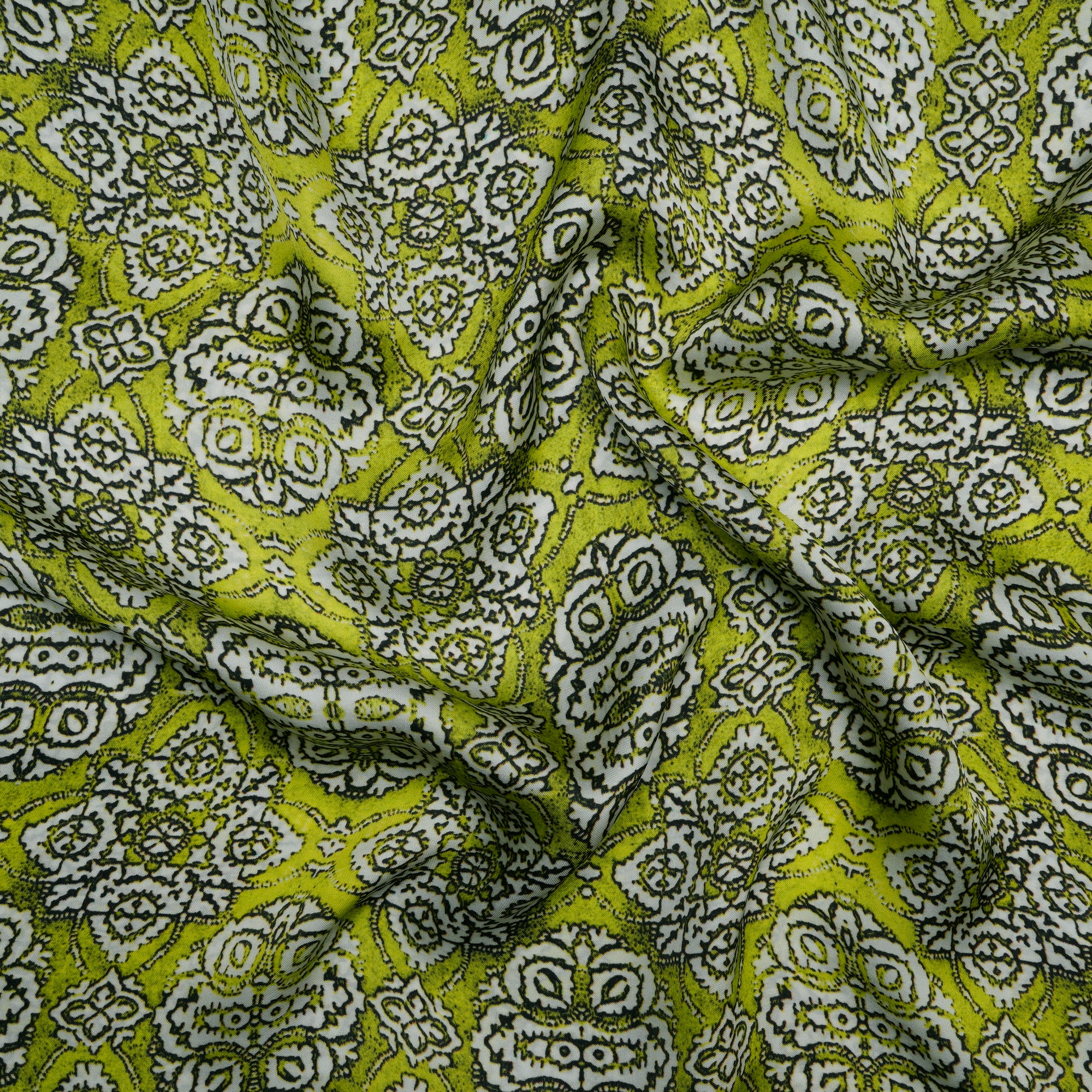 Lime Green Color Digital Printed Bemberg Satin Fabric