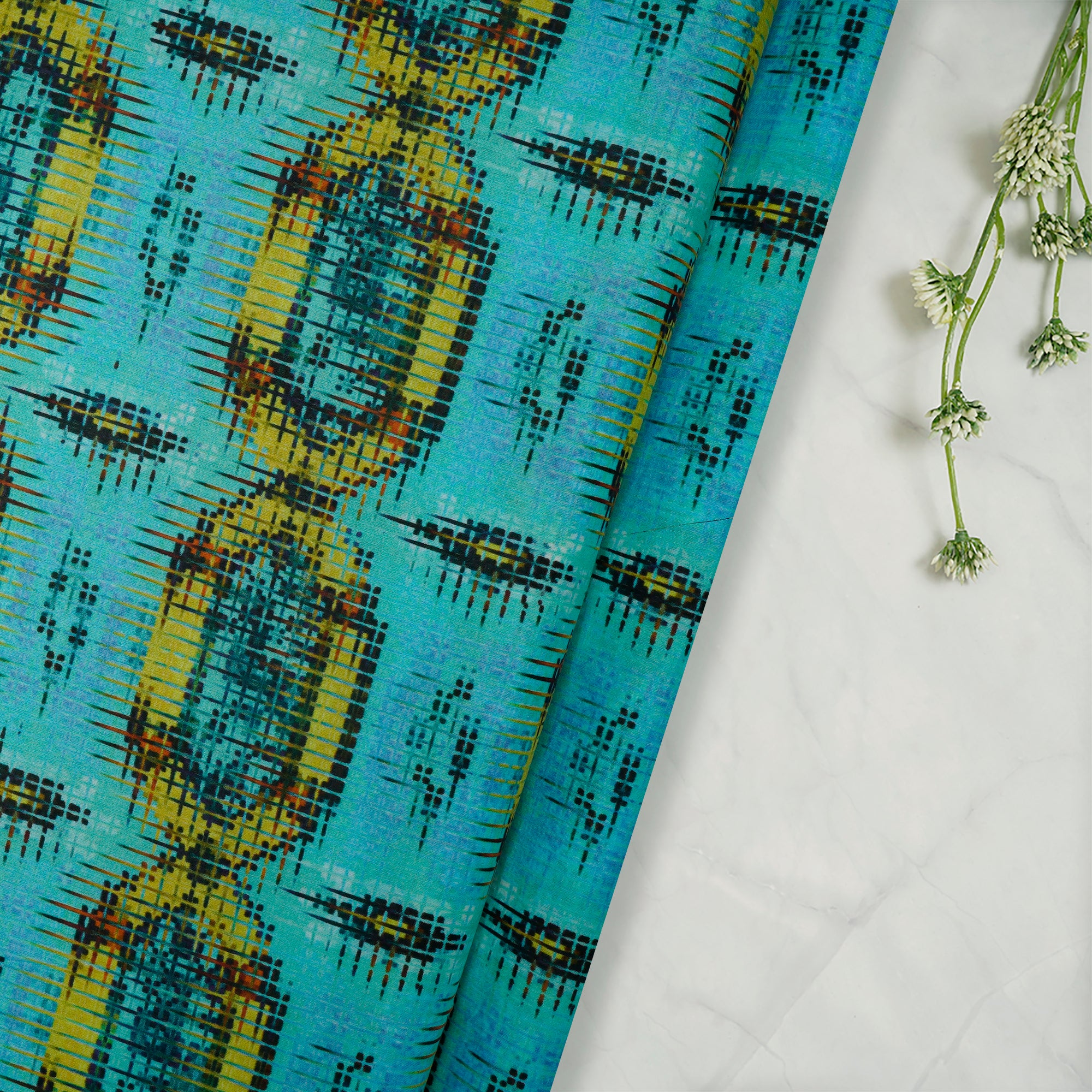 Blue-Yellow Color Digital Printed Cotton Lawn Fabric
