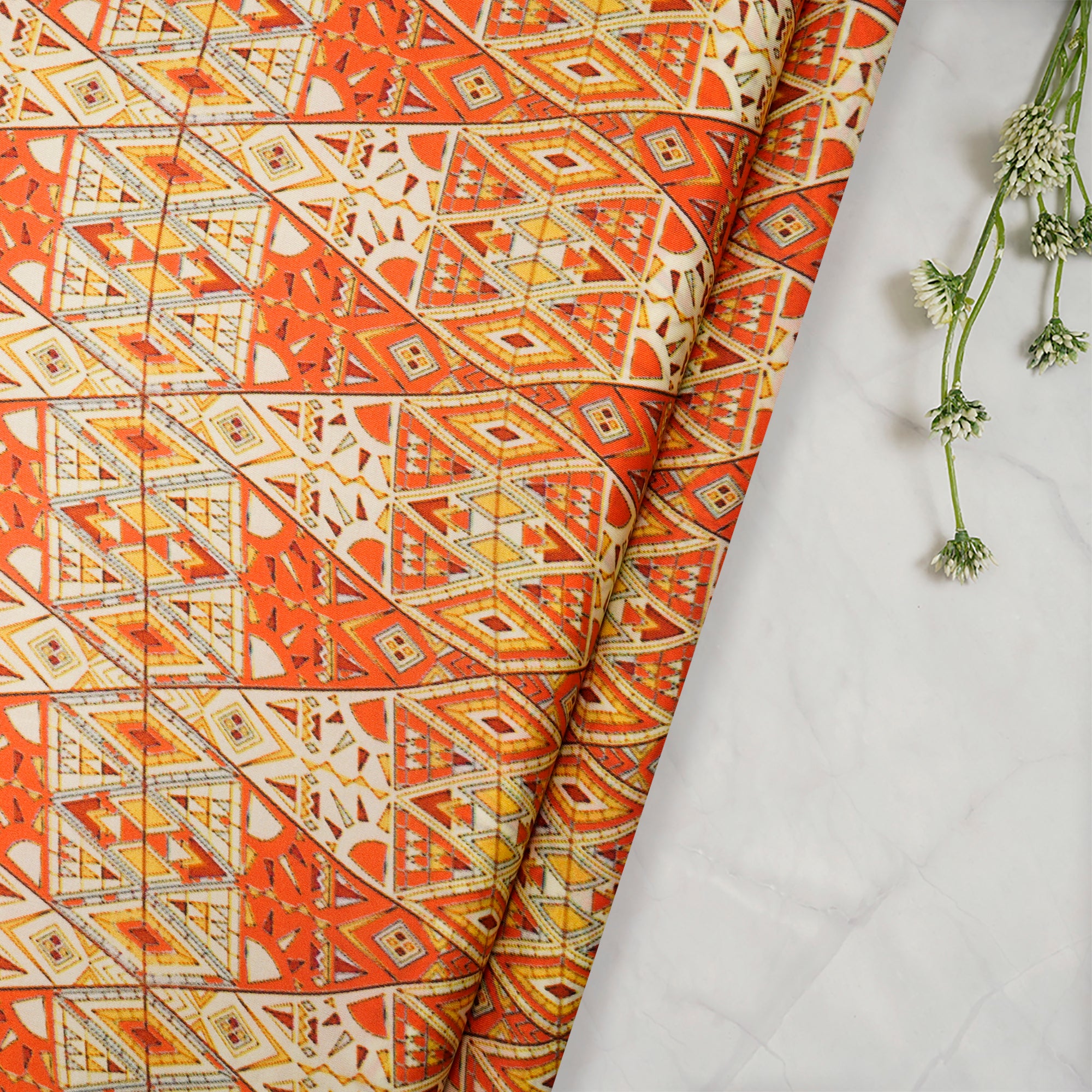 Orange-Cream Color Digital Printed Bemberg Satin Fabric
