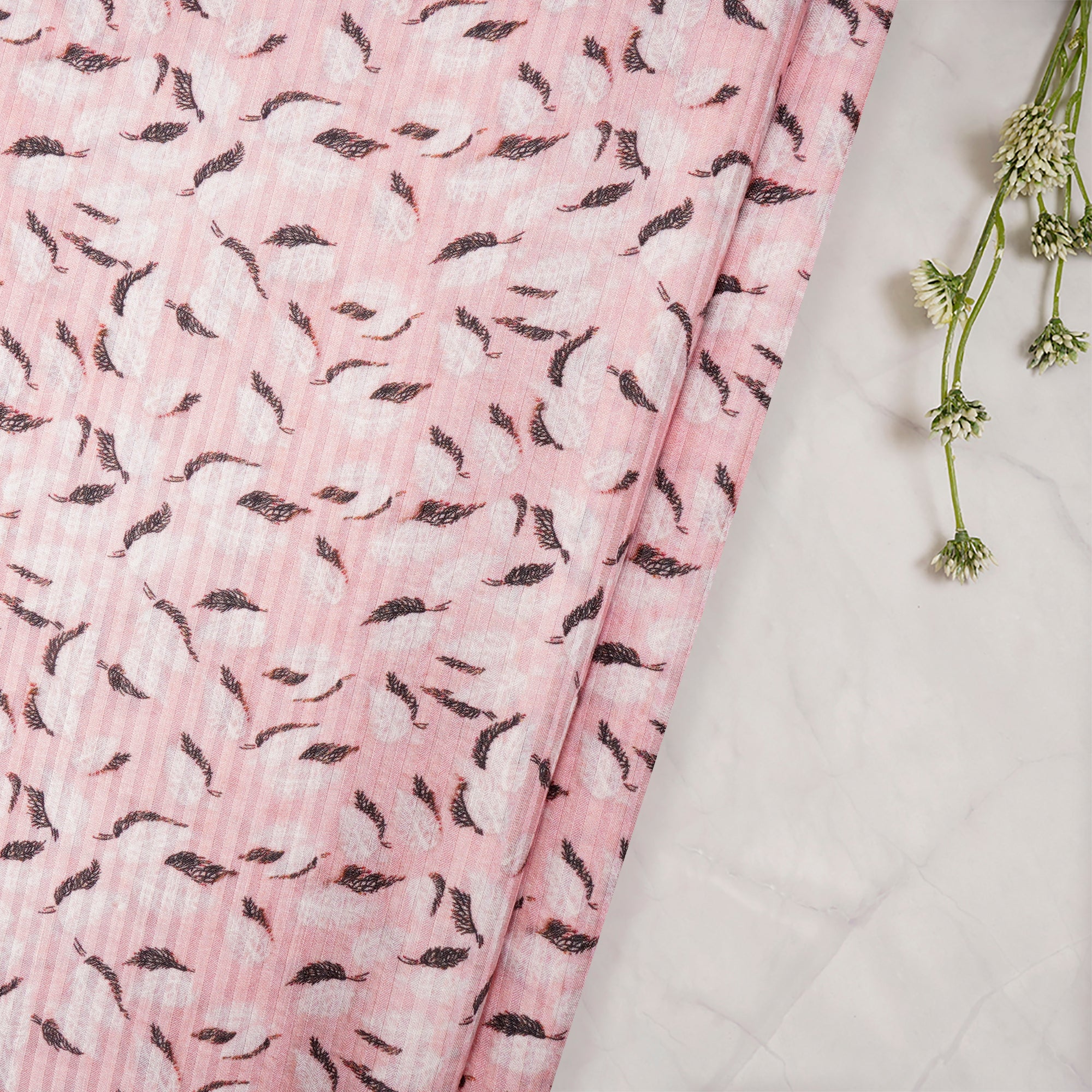 Light Pink-Black Color Digital Printed Bemberg Linen Satin Fabric