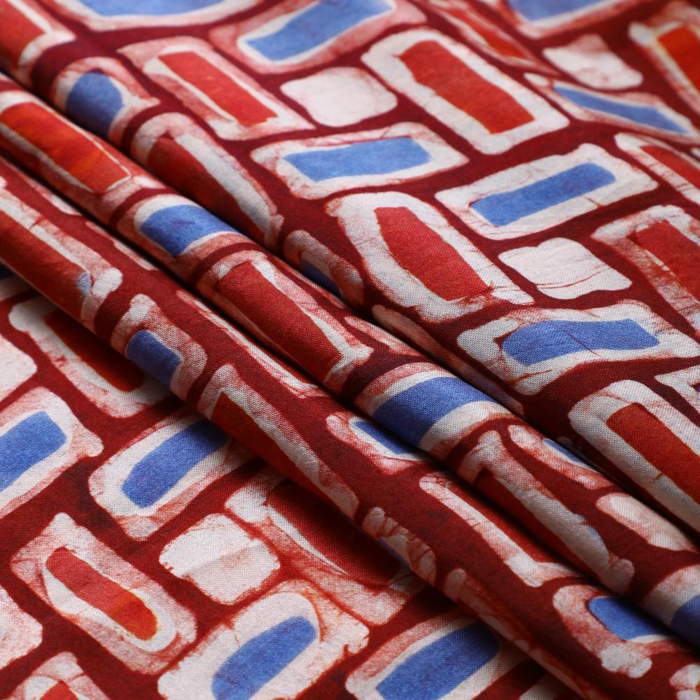 Blue-Red Color Handcrafted Batik Printed Silk Fabric