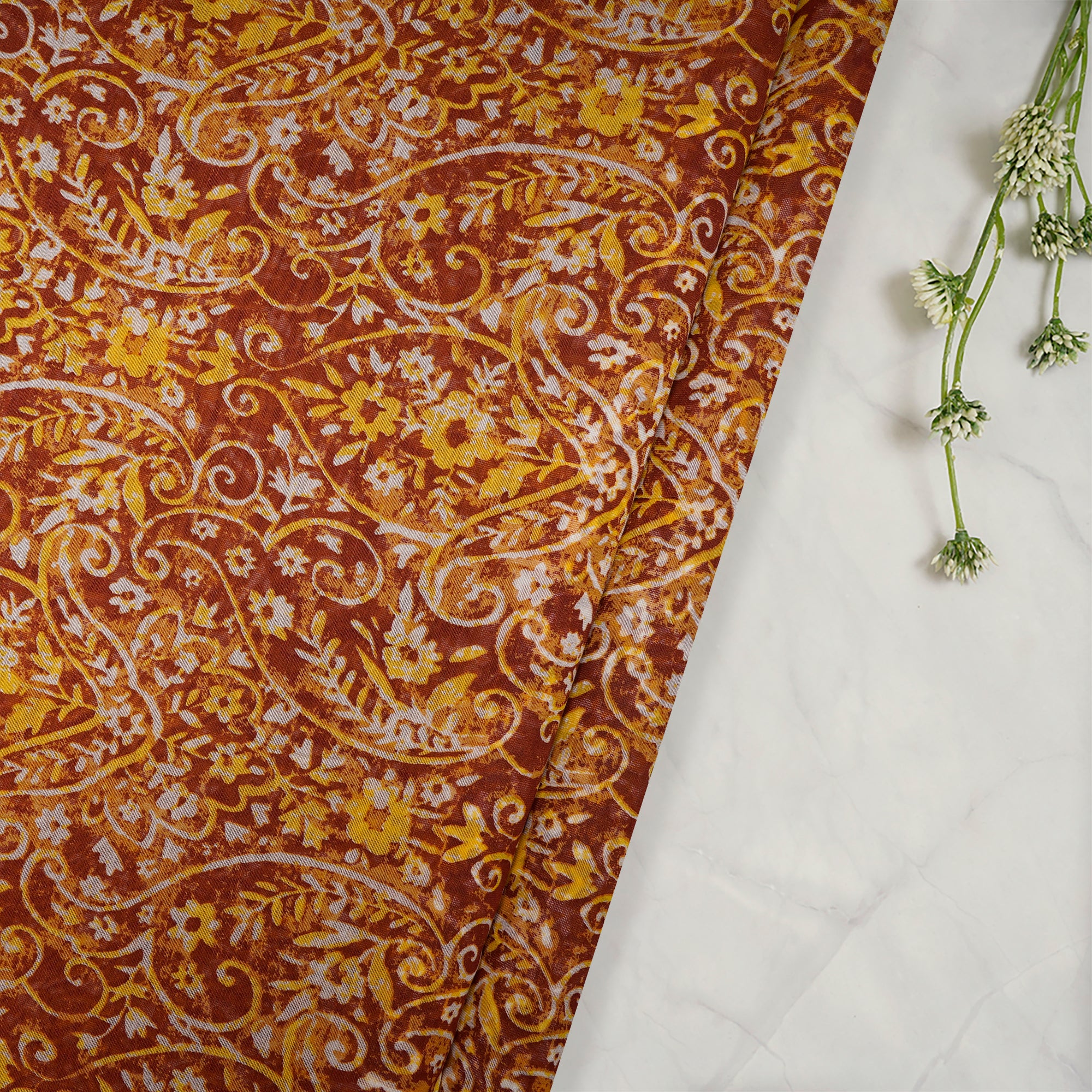 Brown And Yellow Color Printed Fine Chanderi Fabric