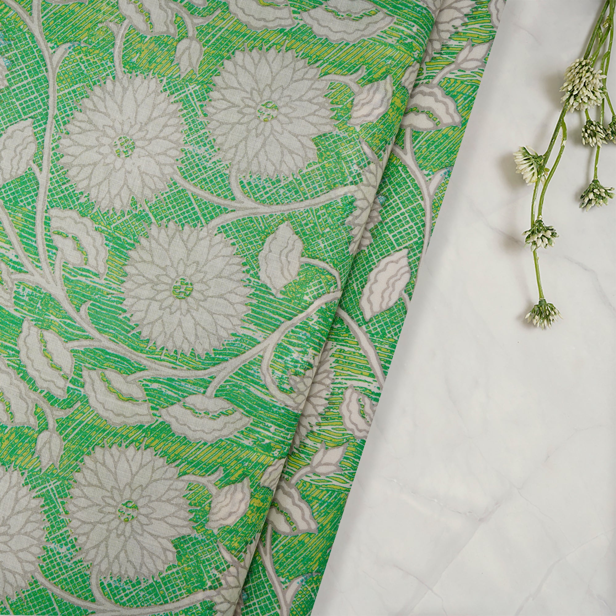 Lime Green Color Printed Tussar Chanderi Fabric