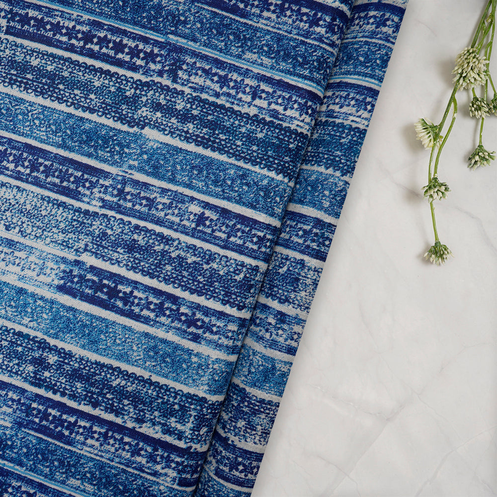 Blue Color Printed Tussar Chanderi Fabric