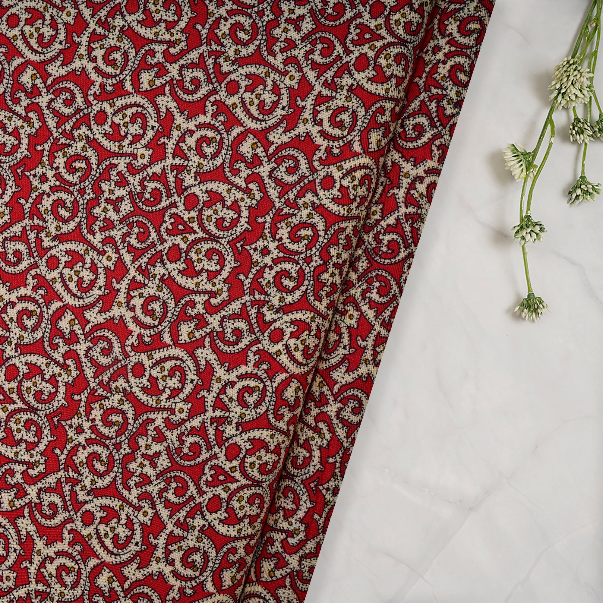 Red-Cream Color Printed Rayon Fabric