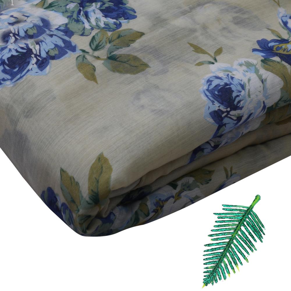 Blue-Beige Color Printed Silk Cotton Muslin Fabric