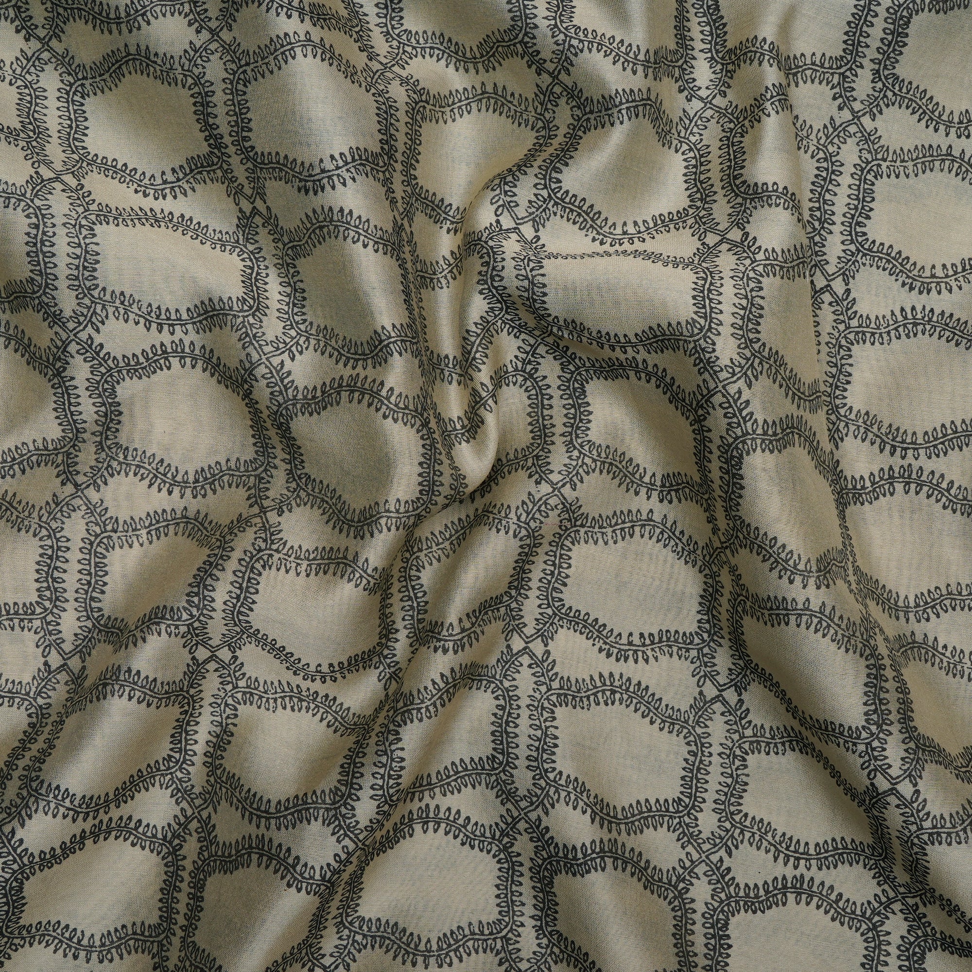 Beige-Black Color Printed Chanderi Fabric