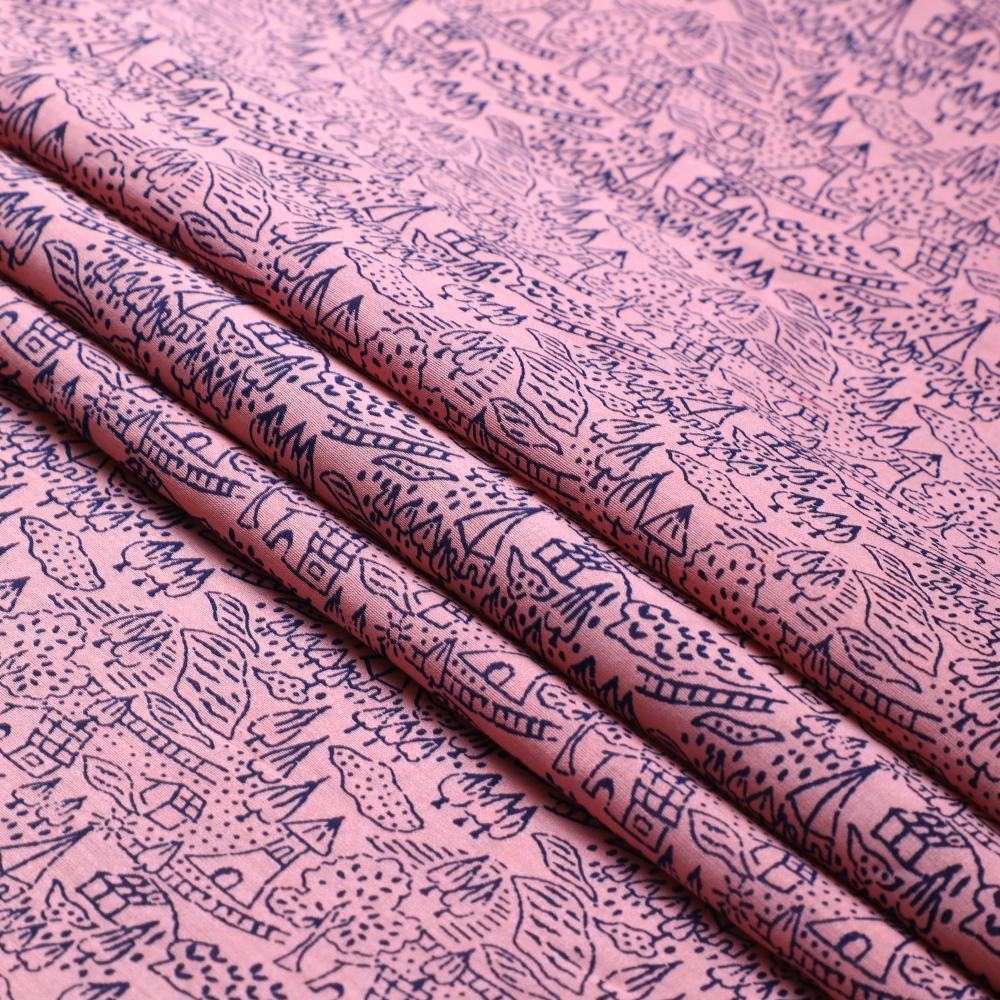 Light Pink-Black Color Printed Fine Chanderi Fabric