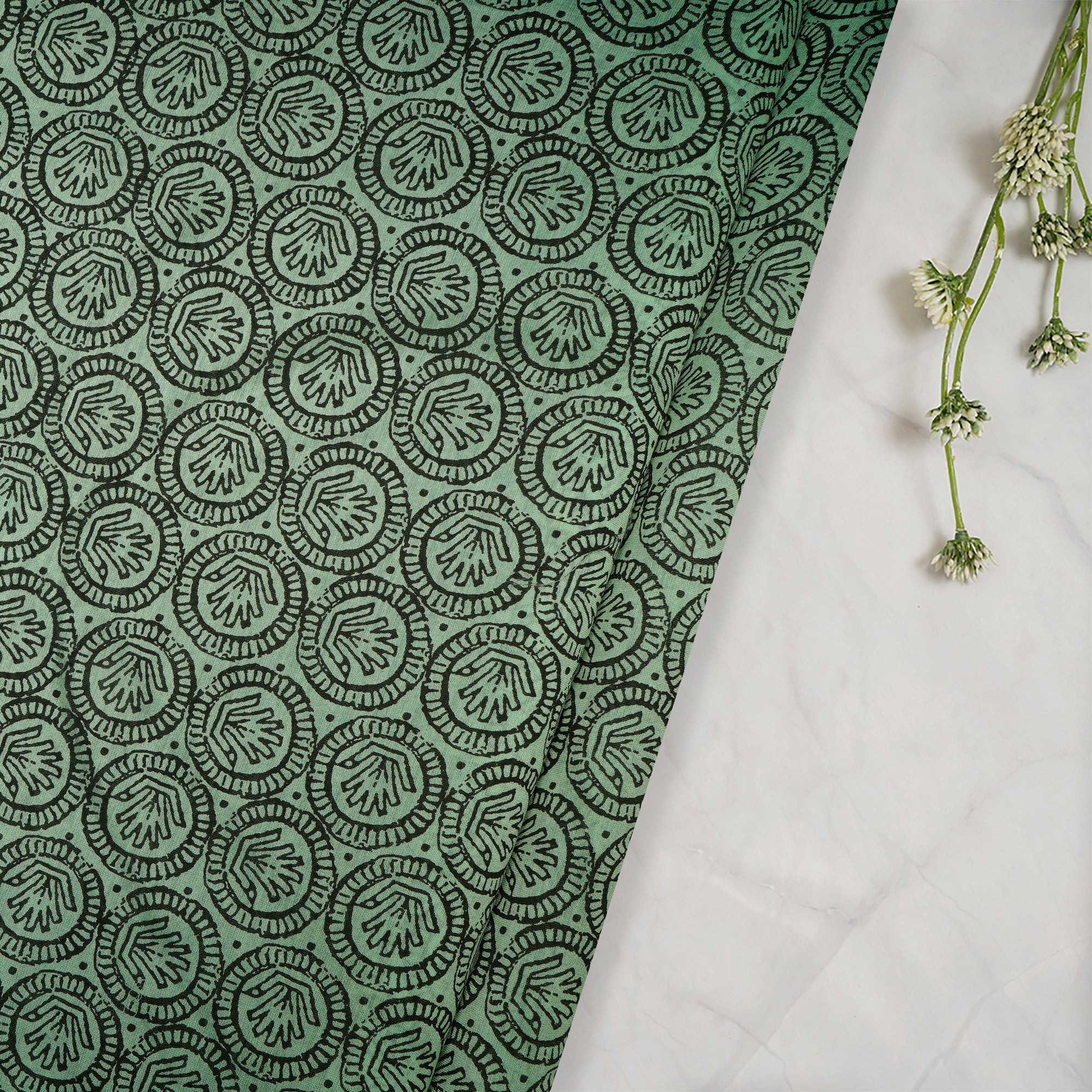 Mint Green-Black Color Printed Fine Chanderi Fabric