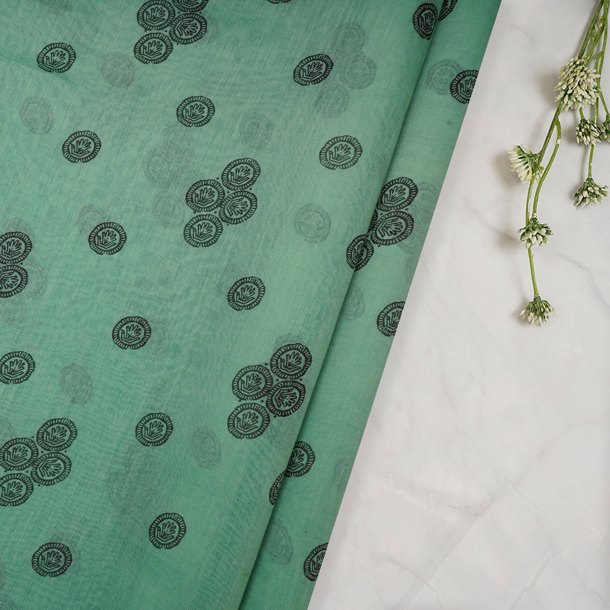 Green-Grey Color Printed Fine Chanderi Fabric