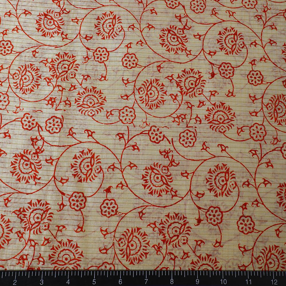 Red Color Printed Tussar Silk Fabric