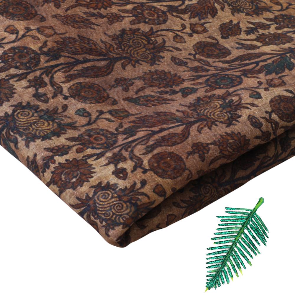 Brown Color Printed Noile Silk Fabric