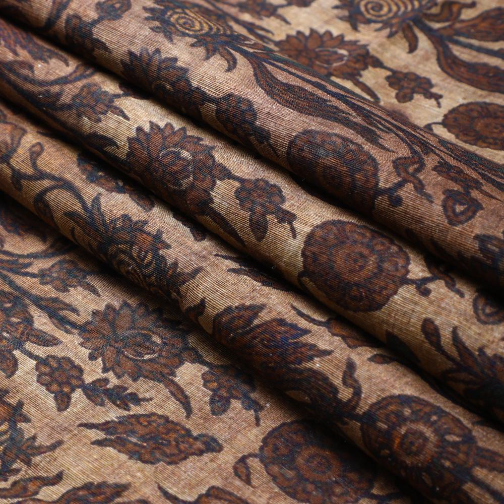 Brown Color Printed Noile Silk Fabric