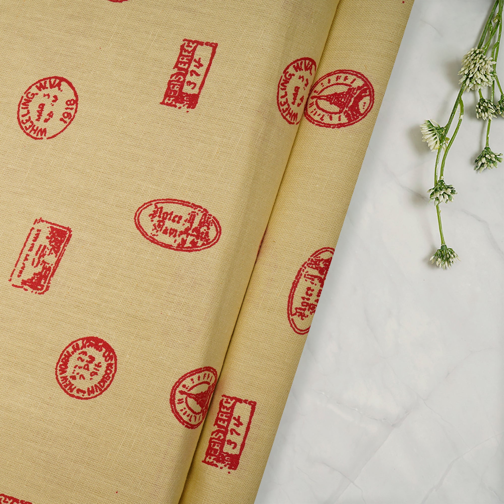 Red Color Printed Cotton Flax Fabric