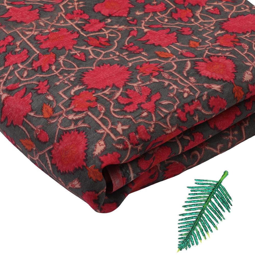 Red and Olive Green Color Printed Fine Chanderi Fabric