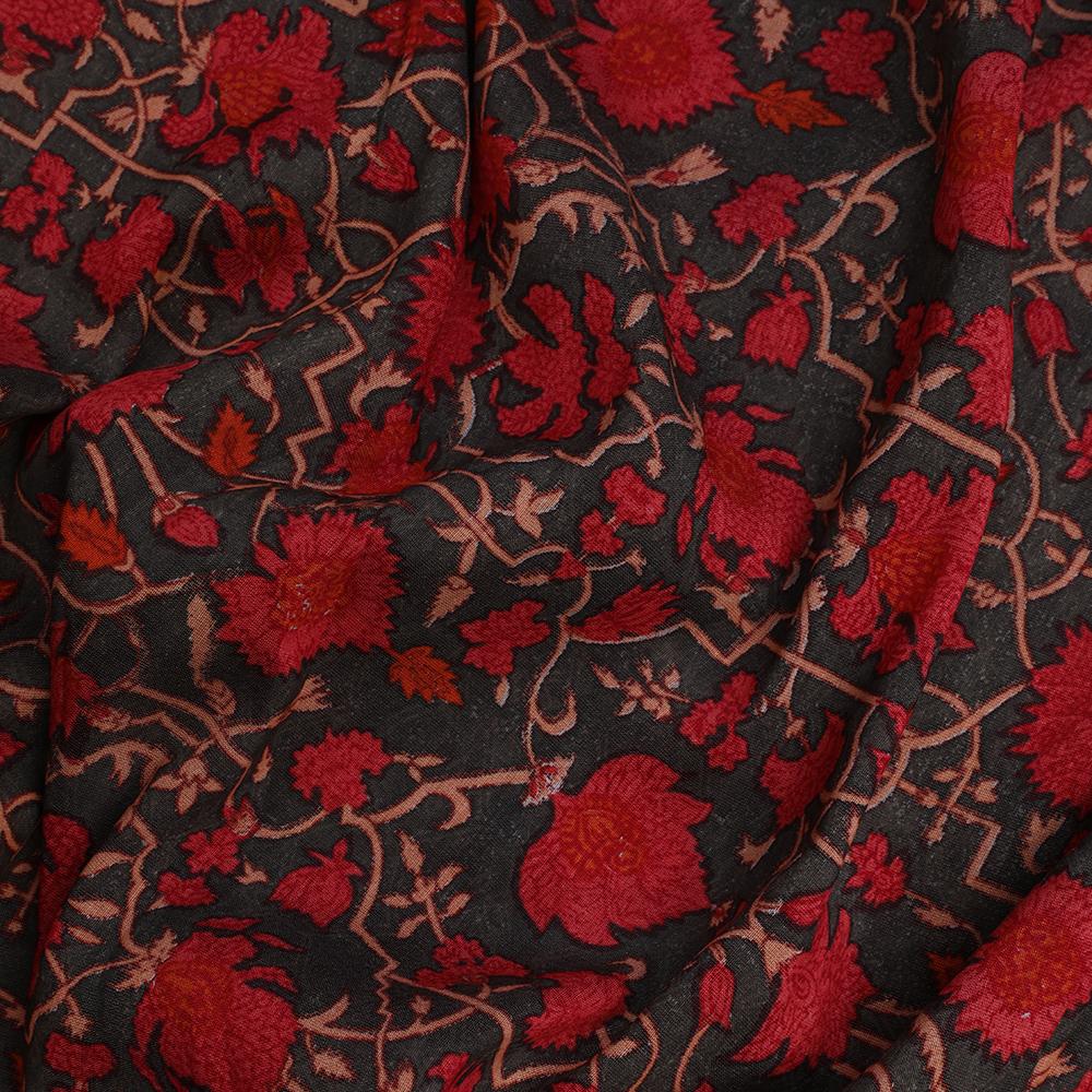Red and Olive Green Color Printed Fine Chanderi Fabric