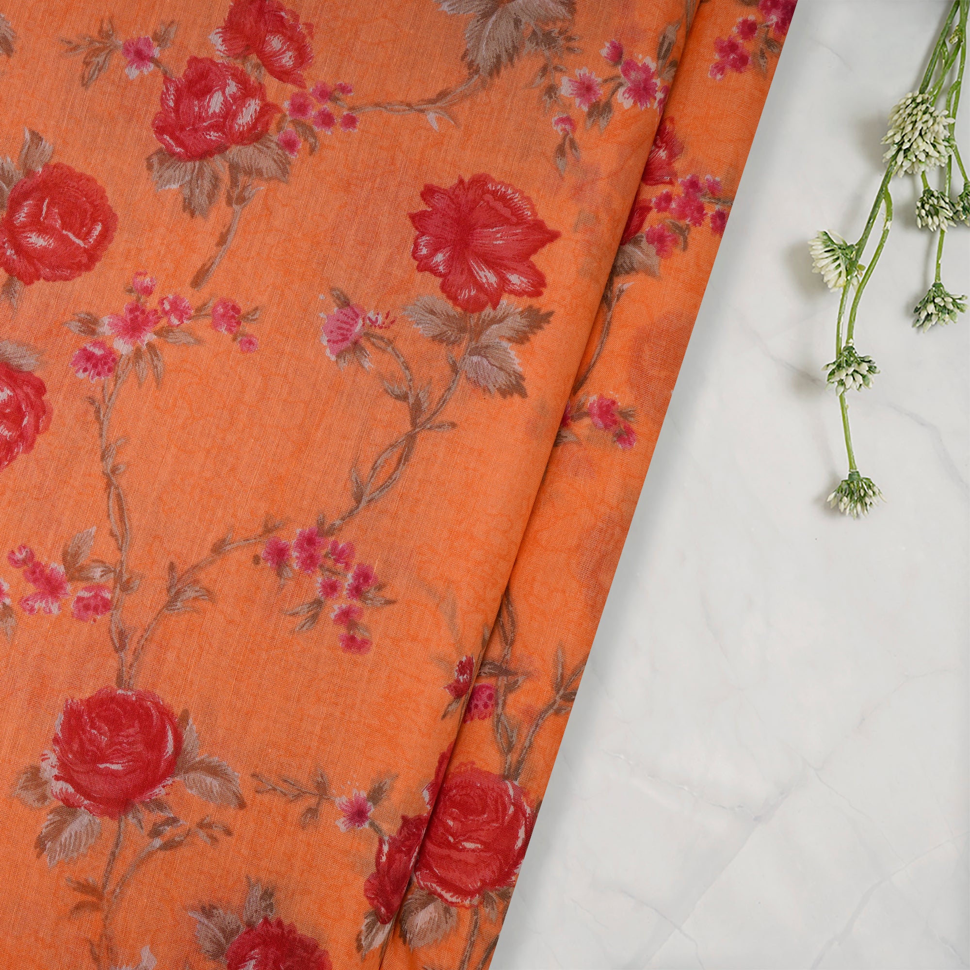 Light Orange-Red Color Printed Fine Chanderi Fabric