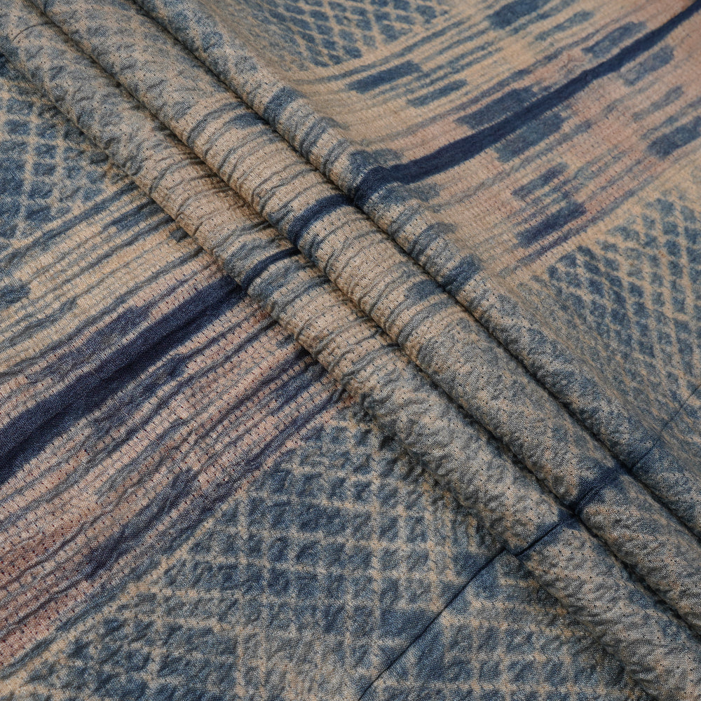 (Pre Cut 2.85 Mtr Piece) Prussian Blue Color Handcrafted Shibori Pure Tussar Silk Fabric