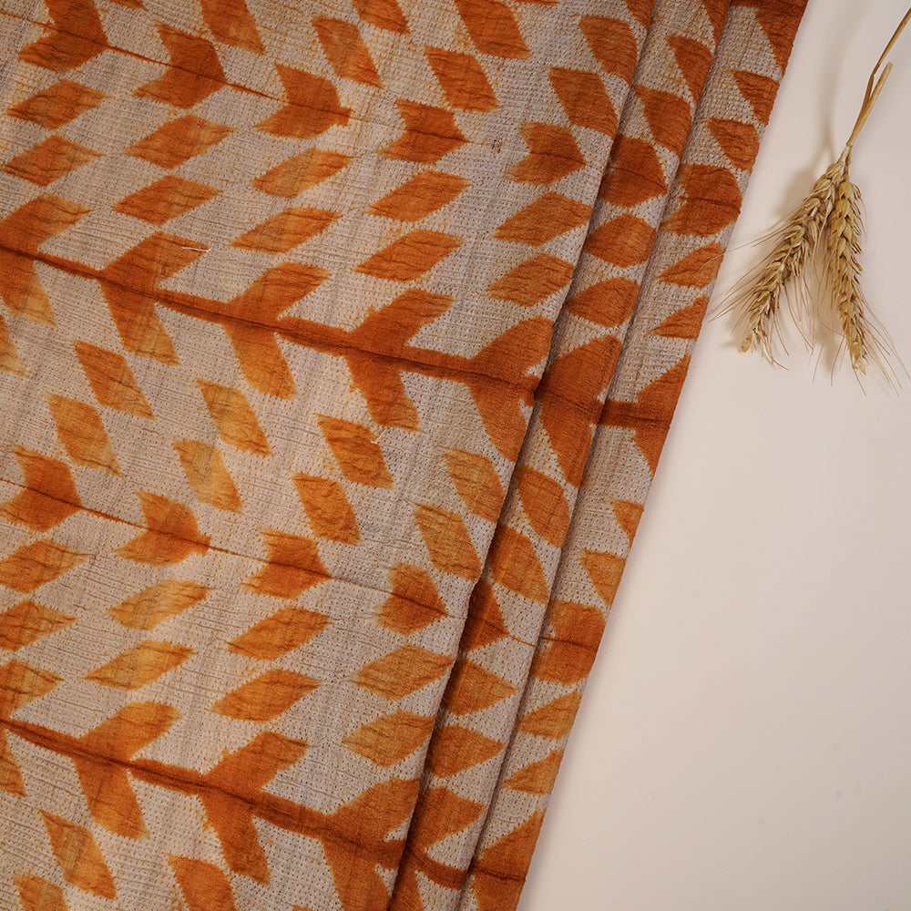(Pre Cut 3 Mtr Piece) Orange Color Handcrafted Shibori Pure Tussar Silk Fabric