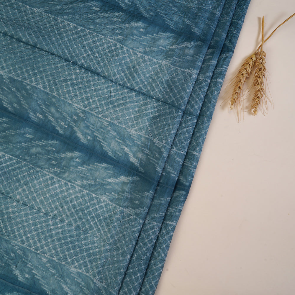(Pre Cut 4.55 Mtr Piece) Air Force Blue Color Handcrafted Shibori Pure Silk Fabric
