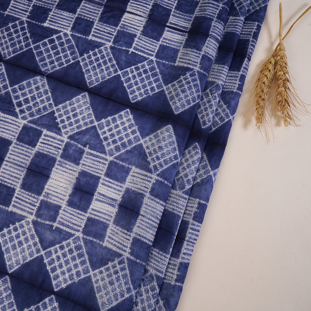 (Pre Cut 4.85 Mtr Piece) Blue Color Handcrafted Shibori Pure Silk Fabric