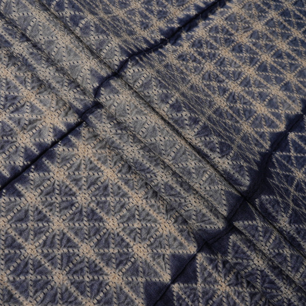 (Pre Cut 4.20 Mtr Piece) Royal Blue Color Handcrafted Shibori Pure Muga Silk Fabric