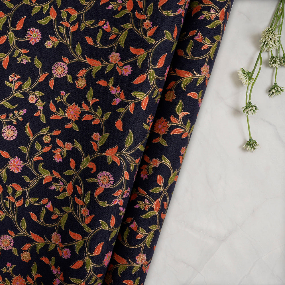 Navy Blue Color Khari (Metallic) Screen Print Cotton Fabric
