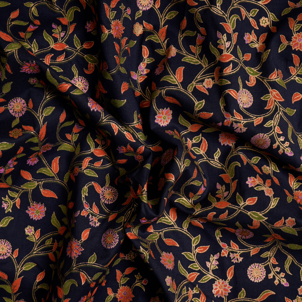 Navy Blue Color Khari (Metallic) Screen Print Cotton Fabric