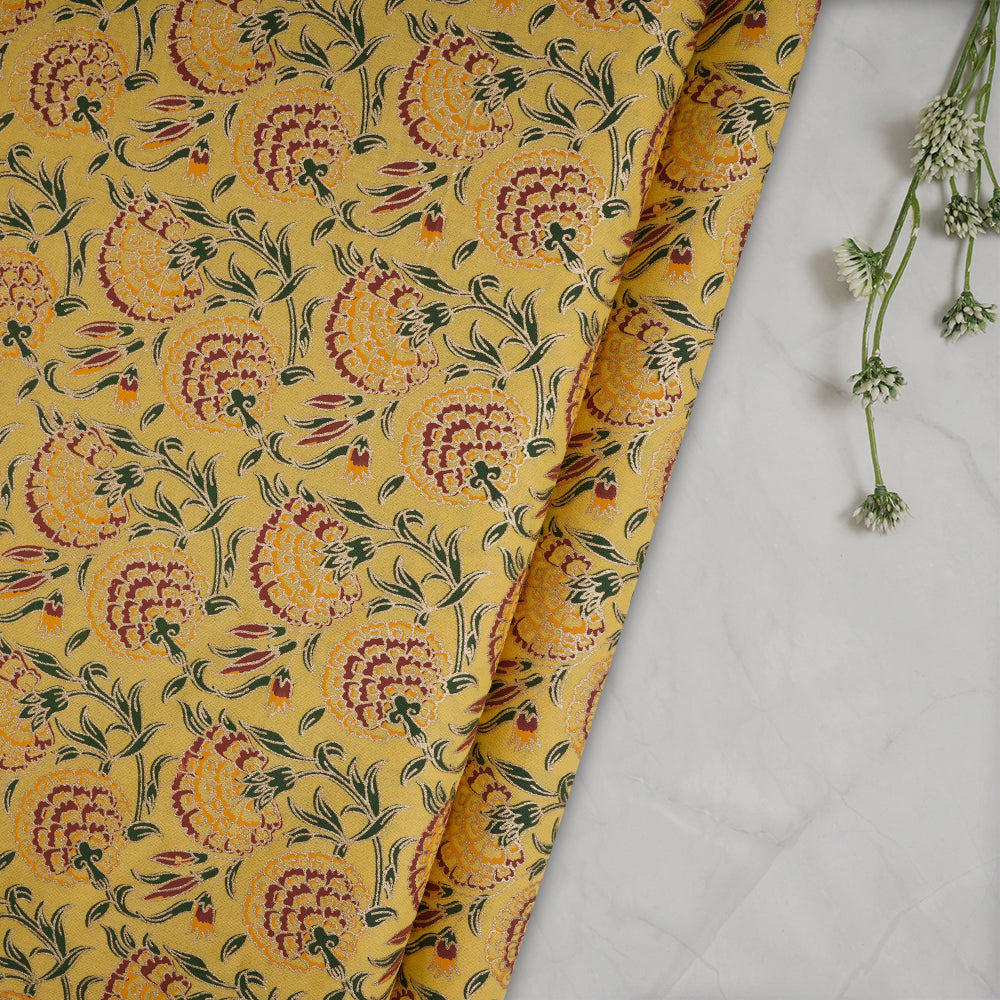 Yellow Color Khari (Metallic) Screen Print Cotton Fabric