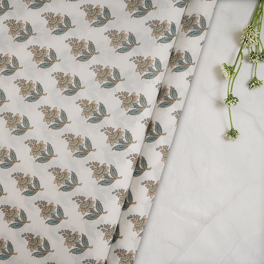 White Color Screen Print Cotton Fabric