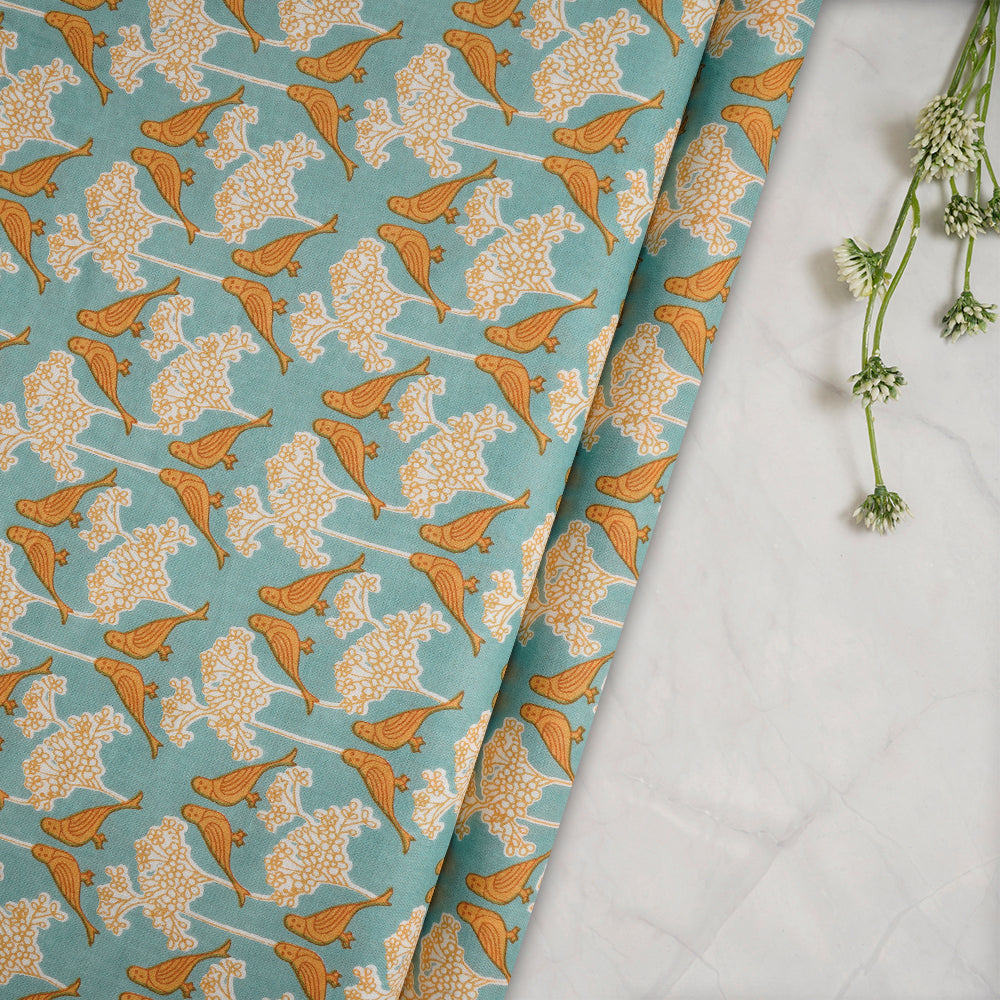 Cyan Blue Color Screen Print Cotton Fabric