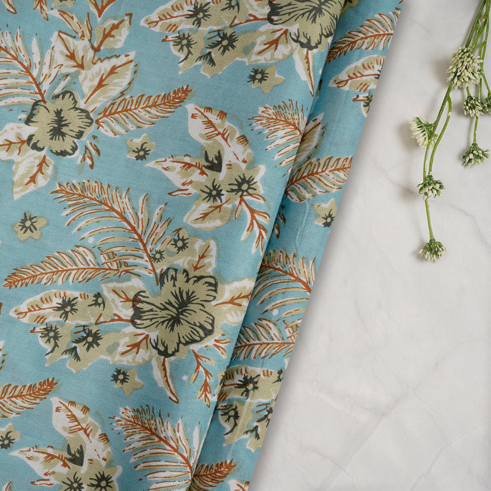 Turquoise Color Screen Print Cotton Fabric