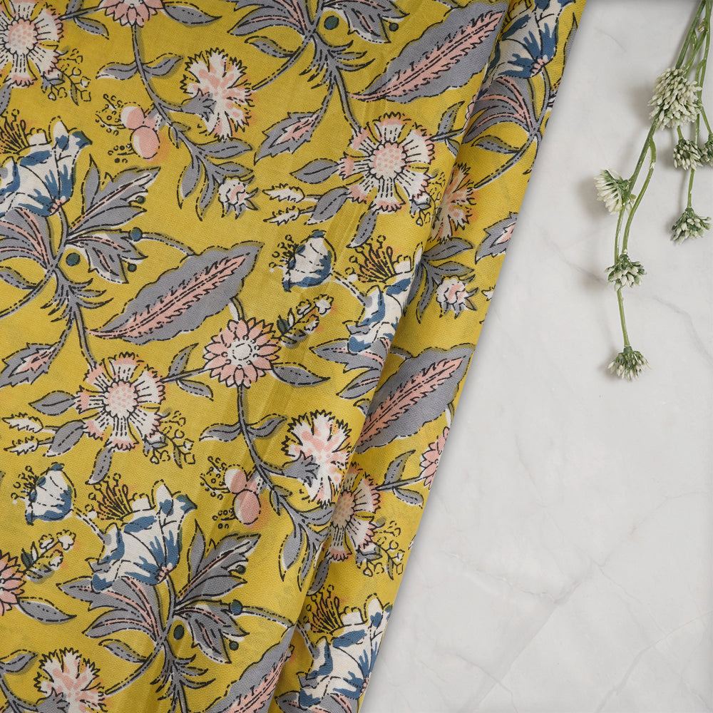 Yellow Color Screen Print Cotton Fabric