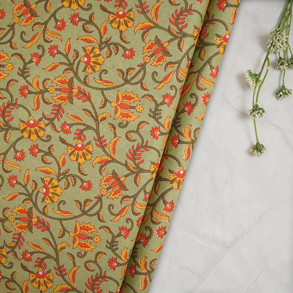 Green Color Screen Print Cotton Fabric