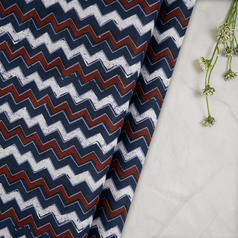 Navy Blue-Maroon Color Screen Print Cotton Fabric