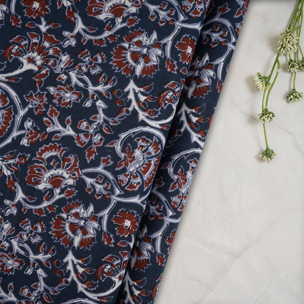 Royal Blue Color Screen Print Cotton Fabric