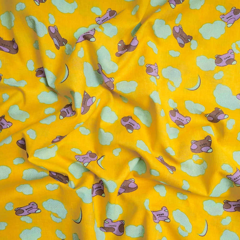 Yellow Color Kids Pattern Screen Printed Pure Cotton Fabric