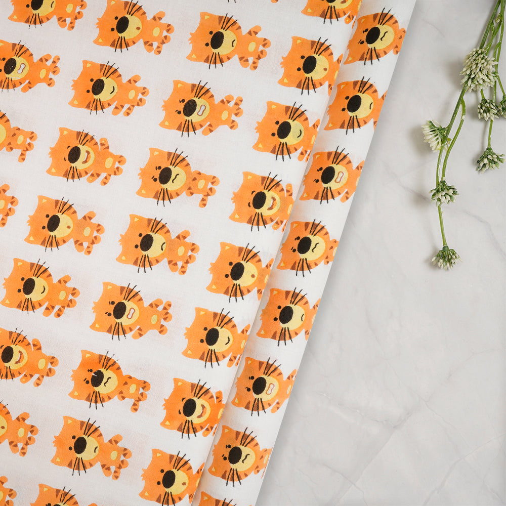 White-Orange Kids Pattern Color Screen Printed Pure Cotton Fabric