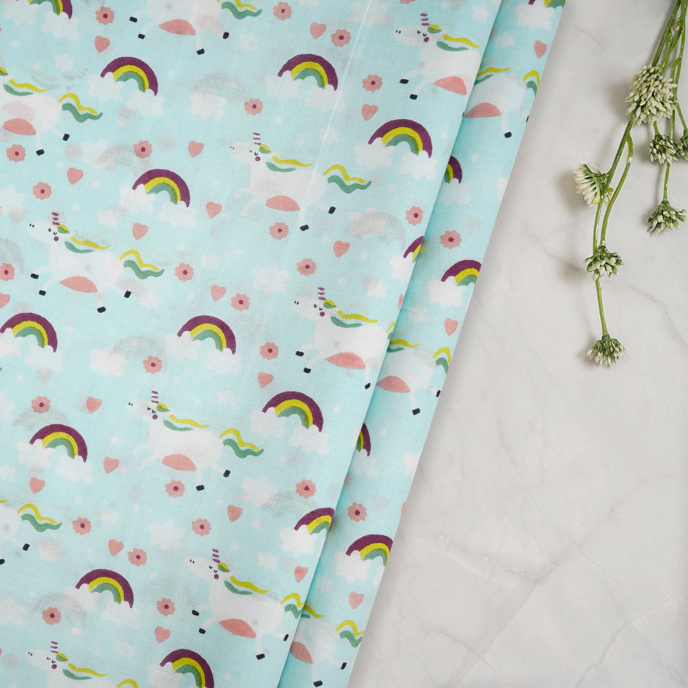 Baby Blue Color Kids Pattern Screen Printed Pure Cotton Fabric