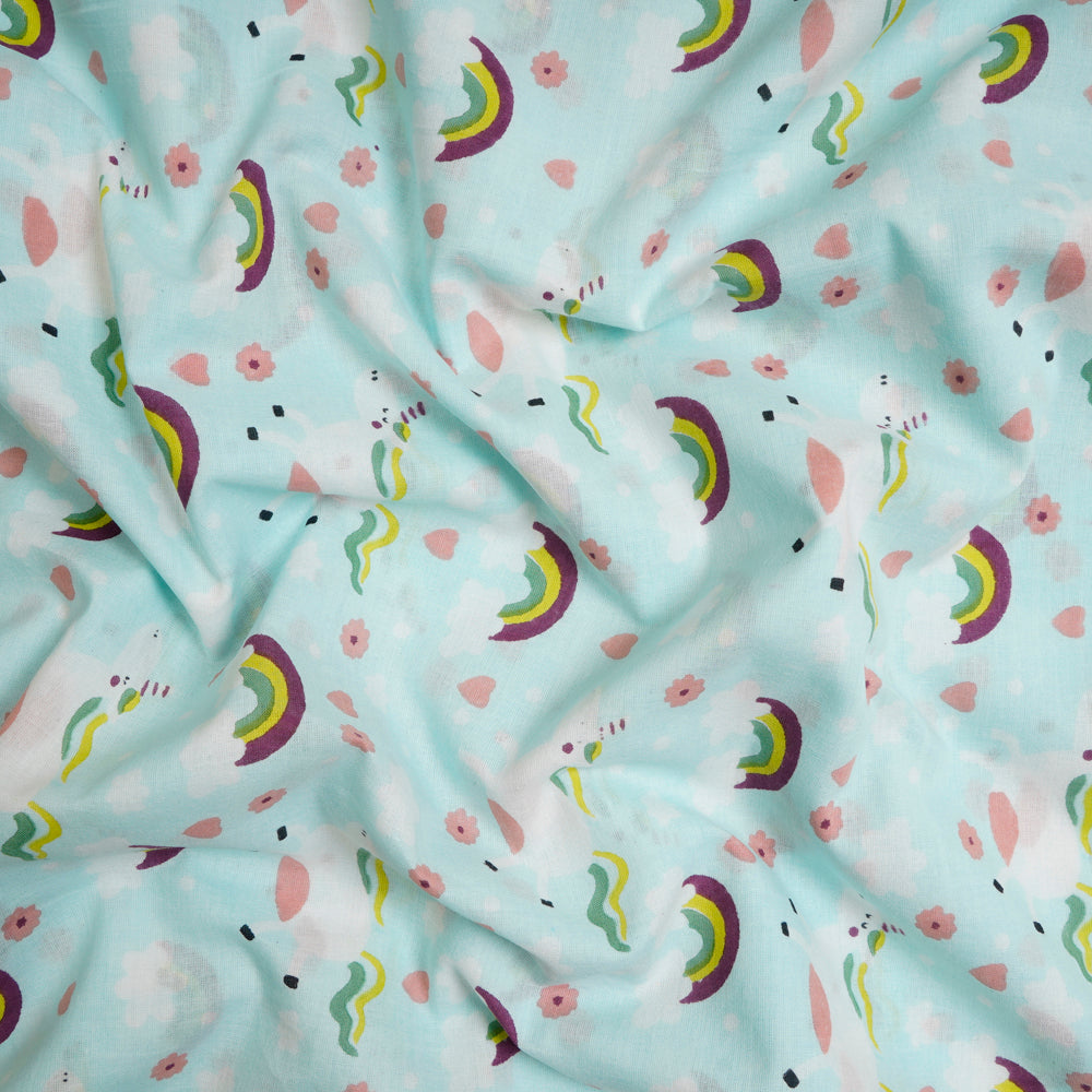 Baby Blue Color Kids Pattern Screen Printed Pure Cotton Fabric