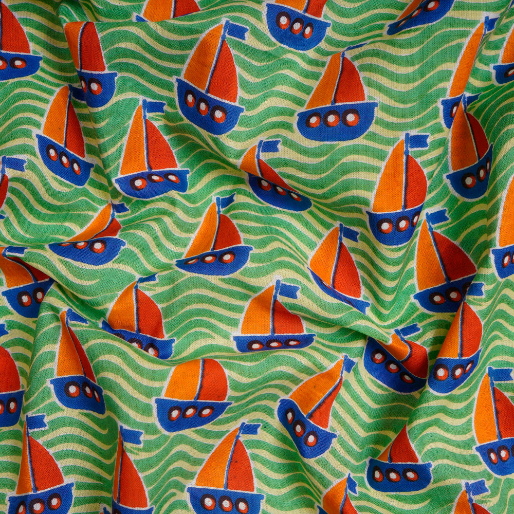 Green Color Kids Pattern Screen Printed Pure Cotton Fabric