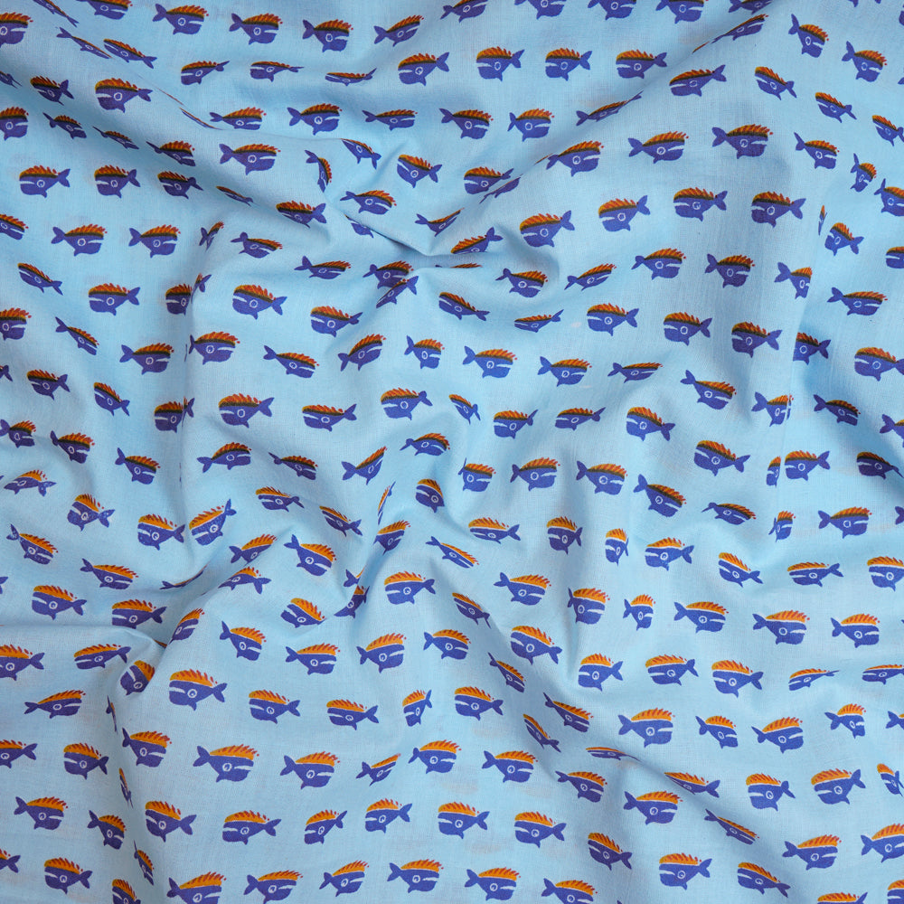 Blue Color Kids Pattern Screen Printed Pure Cotton Fabric