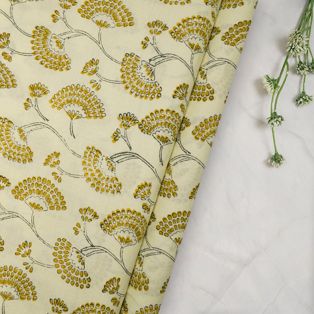 Light Yellow Color Hand Block Natural Dye Bagru Dabu Printed Cotton Fabric