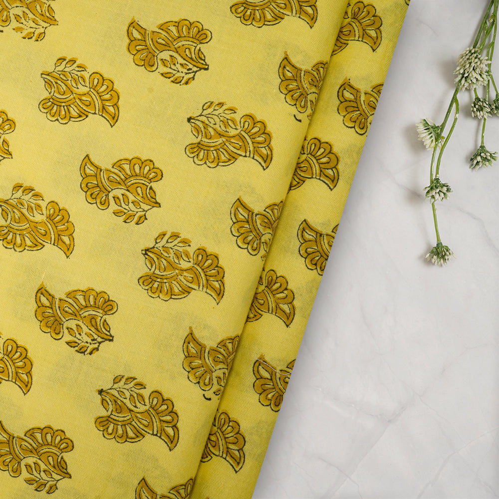 Yellow Color Hand Block Natural Dye Bagru Dabu Printed Cotton Fabric