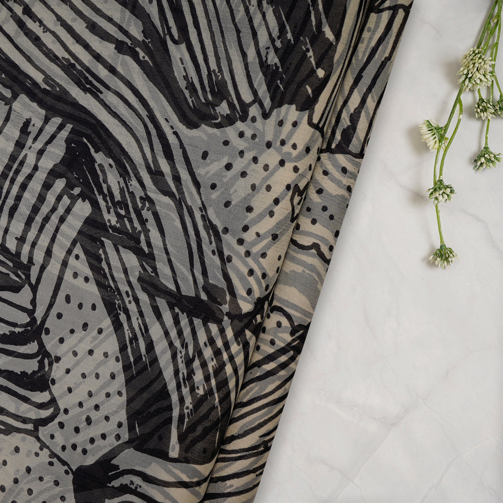 Cream- Black Color Printed Viscose Chiffon Fabric