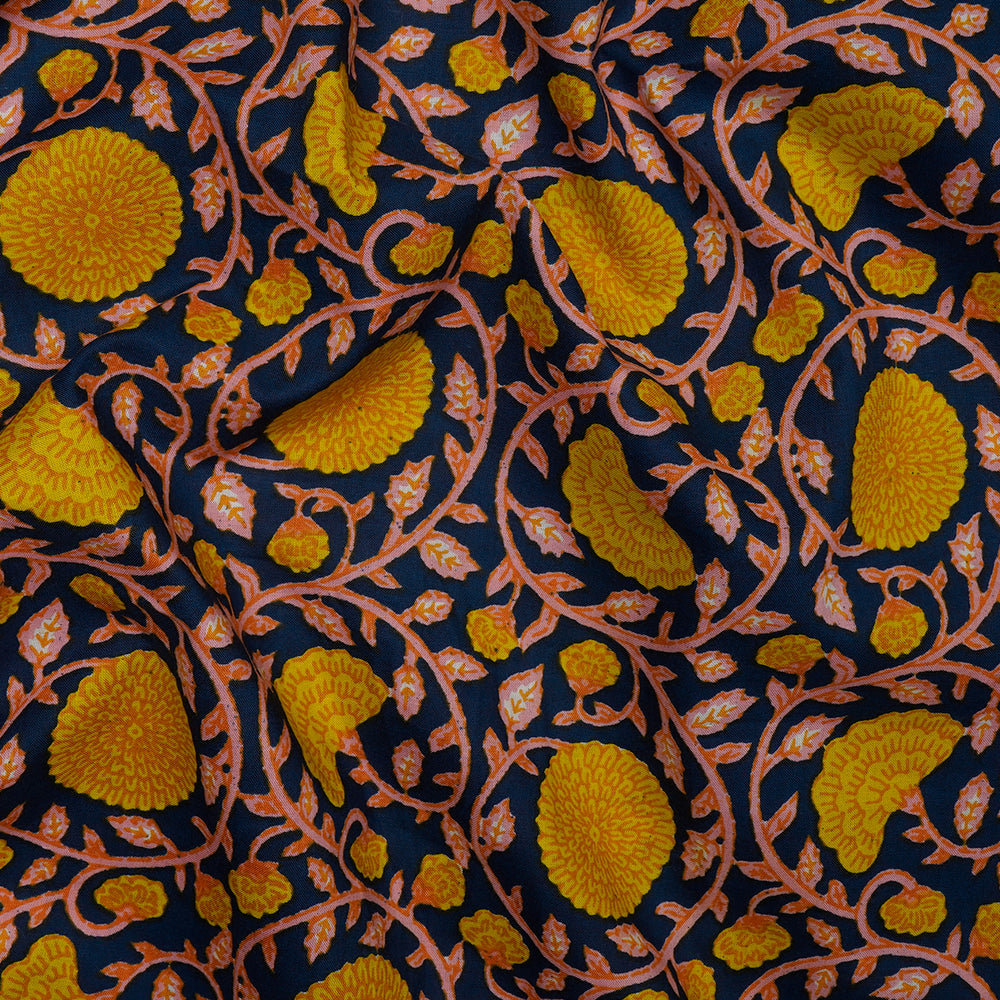 Navy-Yellow Floral Jaal Screen Printed Pure Cotton Fabric