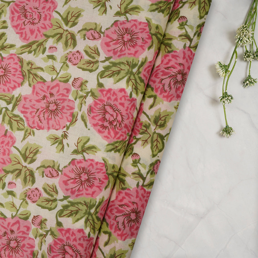 Cream-Pink Floral Jaal Screen Printed Pure Cotton Fabric