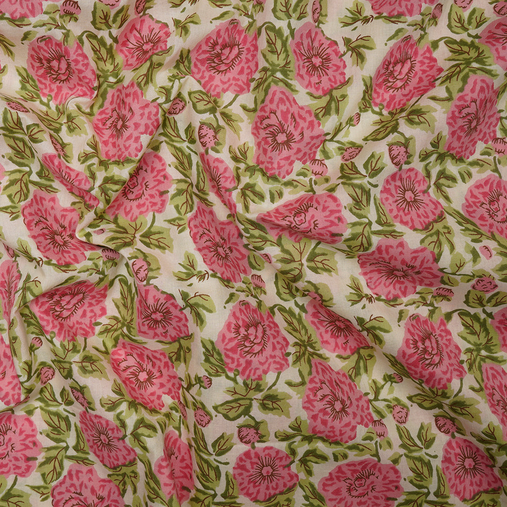 Cream-Pink Floral Jaal Screen Printed Pure Cotton Fabric